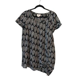 Pure DKNY Tunic Large Black Beige Silk Cotton Ruched Leaf Graphic Lightweight